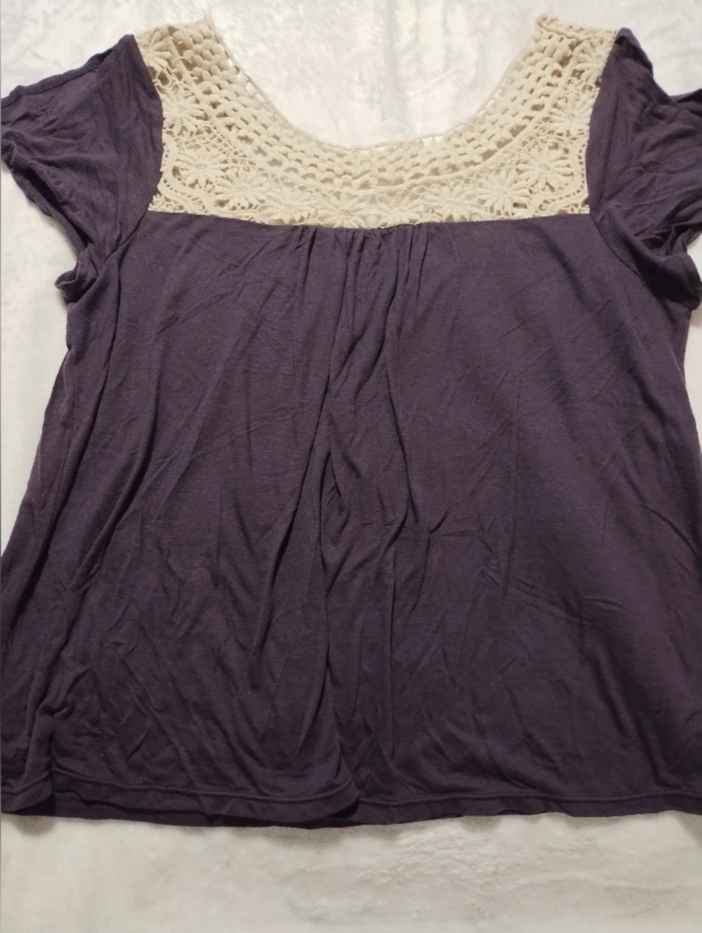 American Eagle Outfitters Purple Short-Sleeve Top with Cream Crochet Yoke